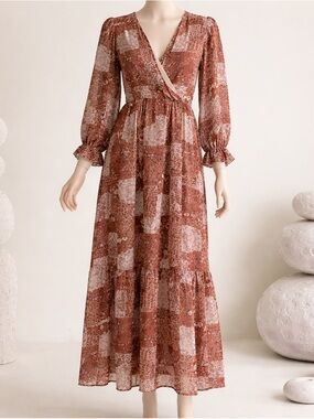 Pink Lilly Floral | Paisley Patchwork Print Maxi Dress - V-Neck Long Sleeve